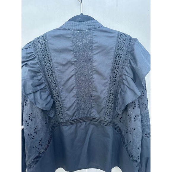 AllSaints Black Prim Broderie Eyelet Ruffled Bubble Sleeves Top Size 4 - Picture 12 of 15